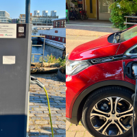 Image shows EV charging station in Amsterdam and an electric car being charged.